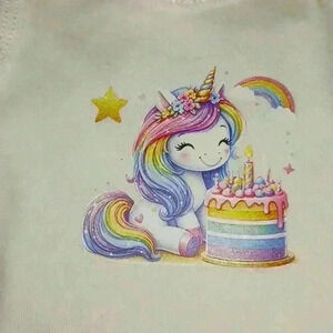 NWOT - Handmade White New Born Bodysuit - Unicorn & Birthday Cake